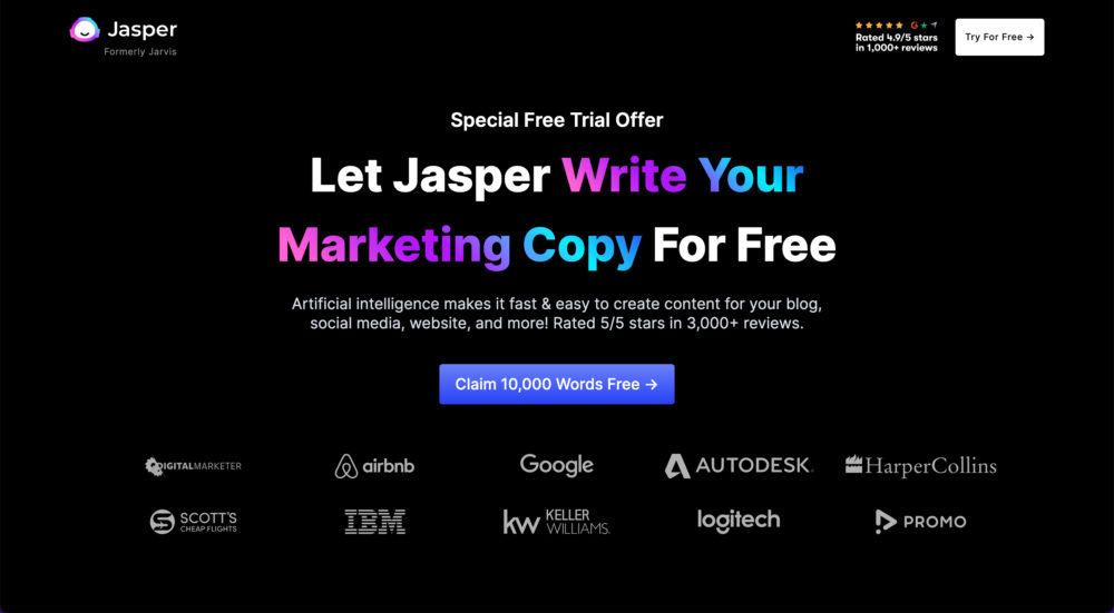 Jasper AI Writing Tool Homepage Screenshot